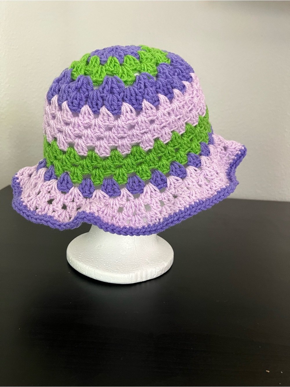 Handmade Crocheted Bucket Hat in Lavender, Green & Purple - Picture 4 of 6